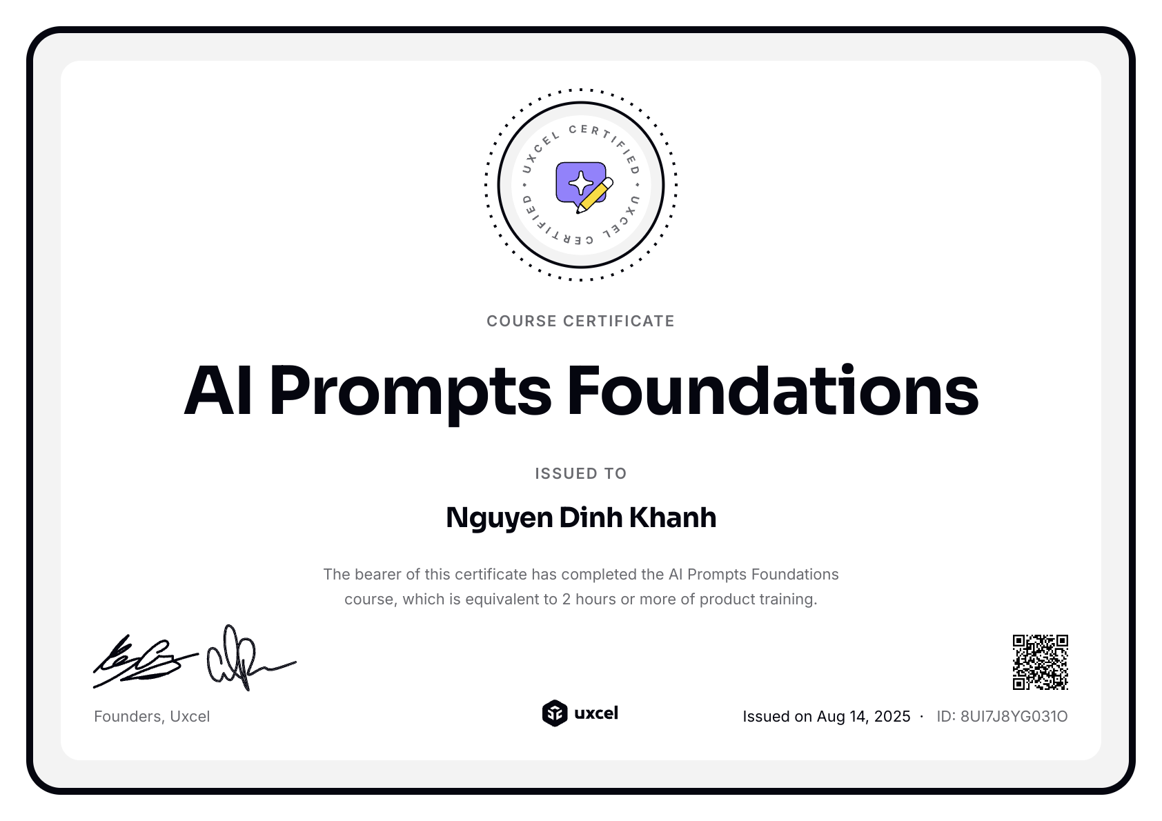 Nguyen Dinh Khanh's certificate